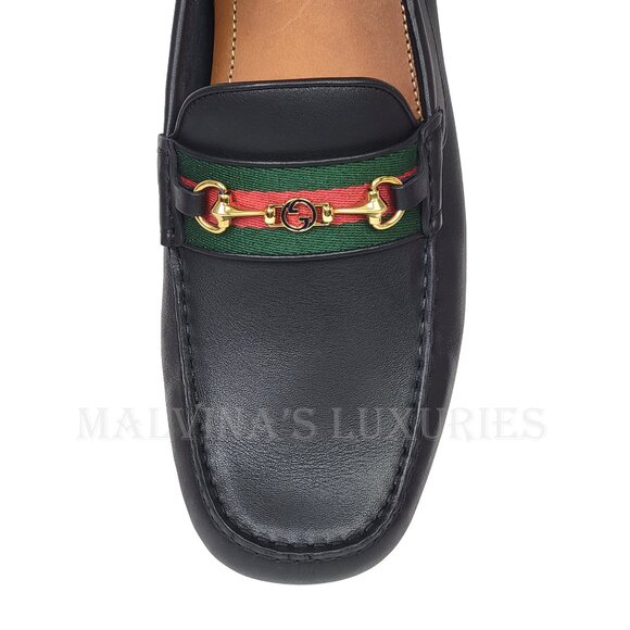GUCCI SHOES MENS BLACK LEATHER HORSEBIT LOGO DRIVER LOAFERS w WEB sz 13 13.5 - Picture 11 of 16